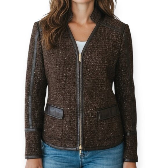 Lafayette 148 New York Women's Blazer Brown Tweed Zipper Size 8 Wool Blend - Picture 1 of 13